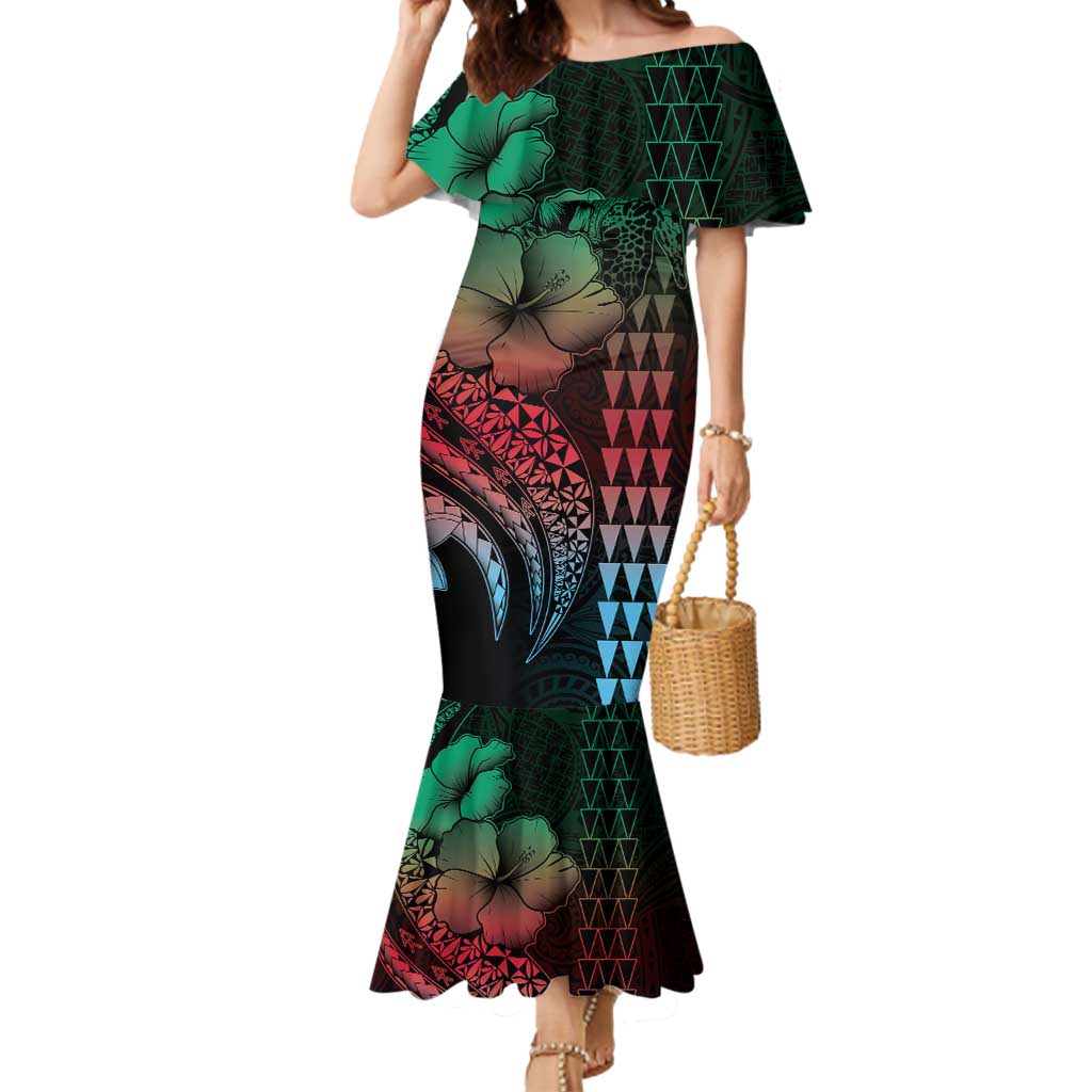 Hawaiian Sea Turtle Mermaid Dress Green Hibiscus Flowers and Kakau Pattern LT9 Women Green - Polynesian Pride
