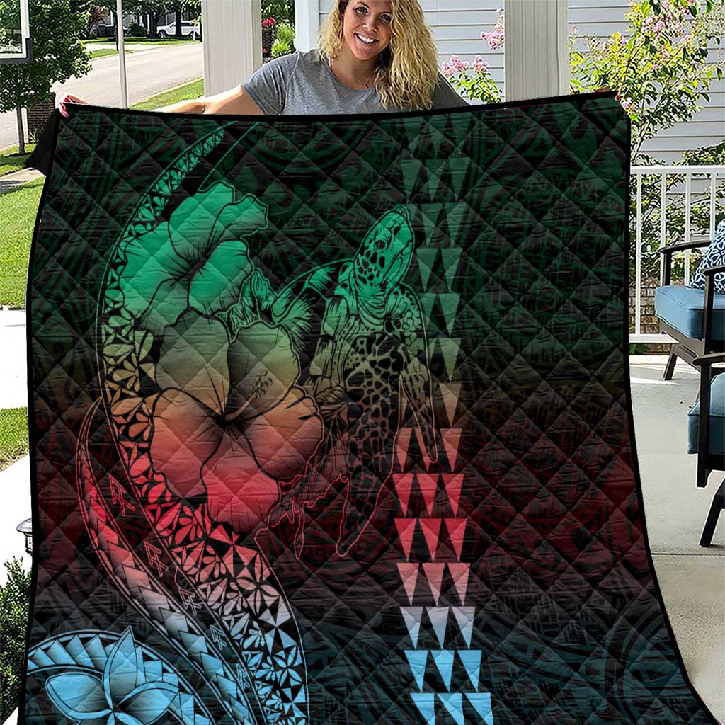 Hawaiian Sea Turtle Quilt Green Hibiscus Flowers and Kakau Pattern LT9 Green - Polynesian Pride