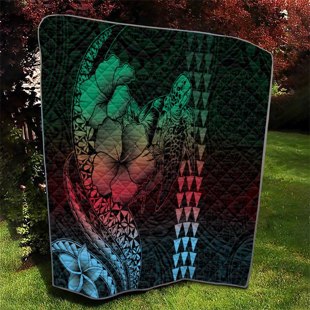 Hawaiian Sea Turtle Quilt Green Hibiscus Flowers and Kakau Pattern LT9 - Polynesian Pride