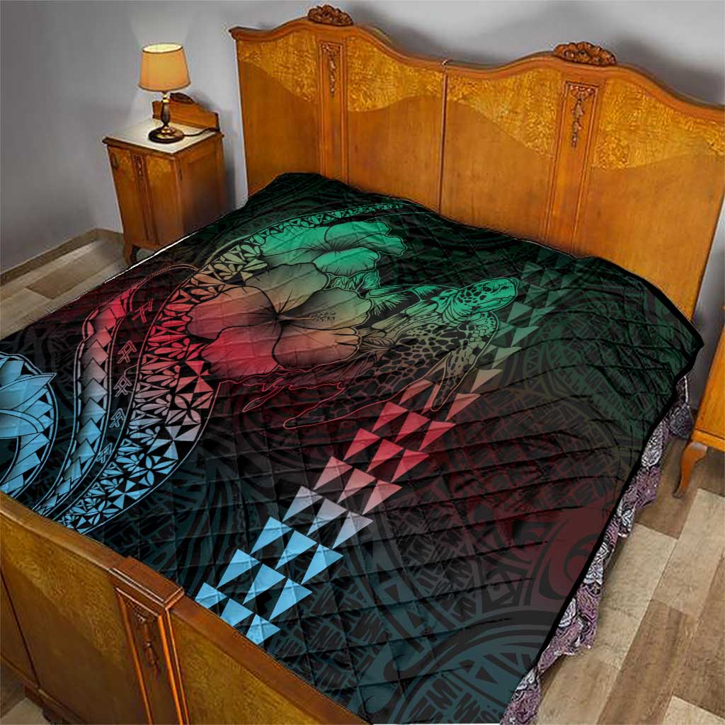 Hawaiian Sea Turtle Quilt Green Hibiscus Flowers and Kakau Pattern LT9 - Polynesian Pride