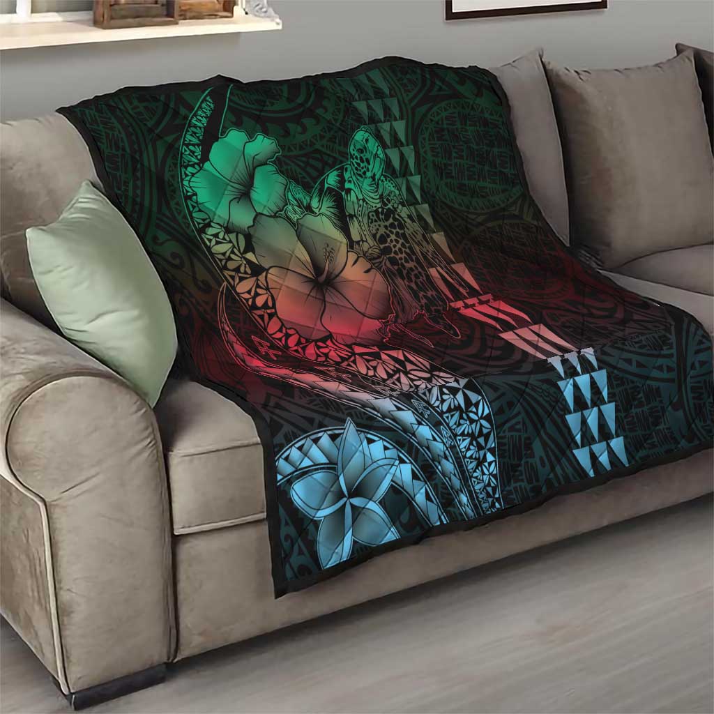 Hawaiian Sea Turtle Quilt Green Hibiscus Flowers and Kakau Pattern LT9 - Polynesian Pride