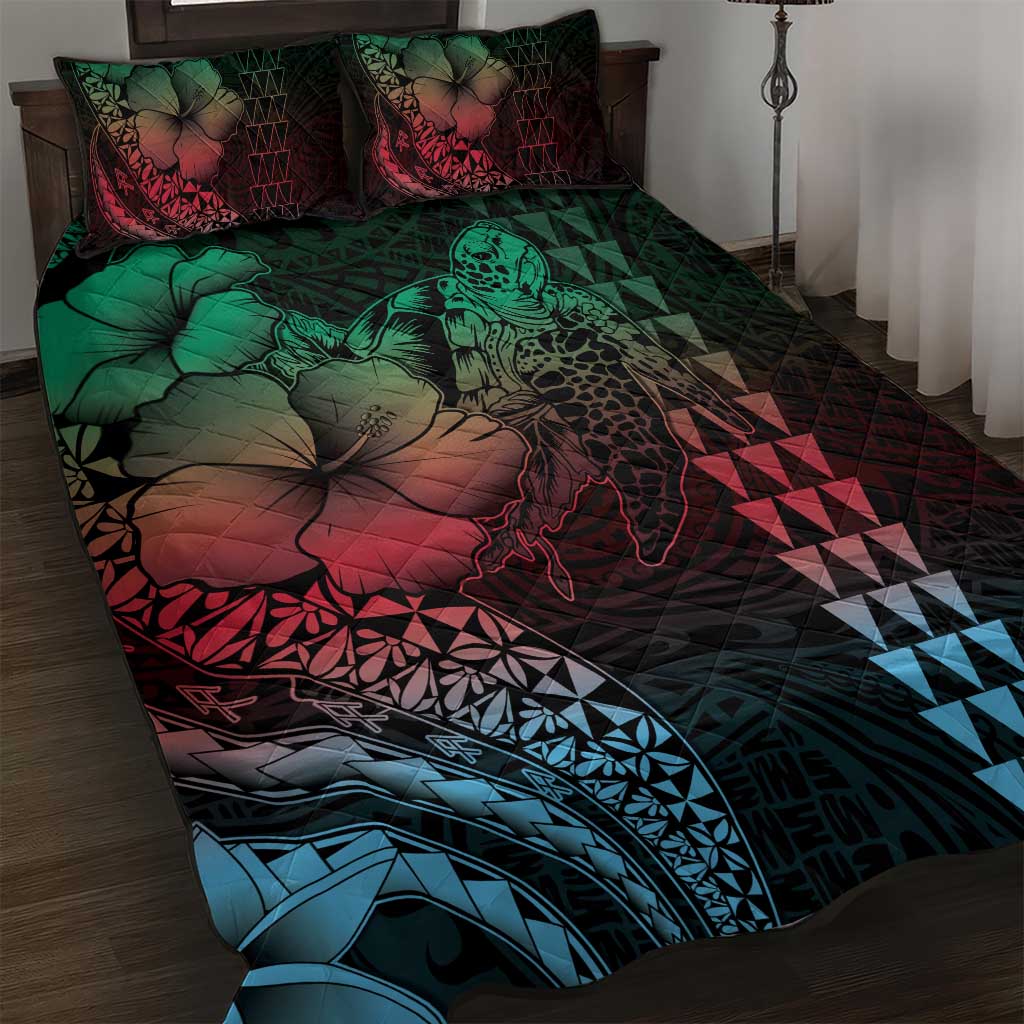 Hawaiian Sea Turtle Quilt Bed Set Green Hibiscus Flowers and Kakau Pattern LT9 Green - Polynesian Pride