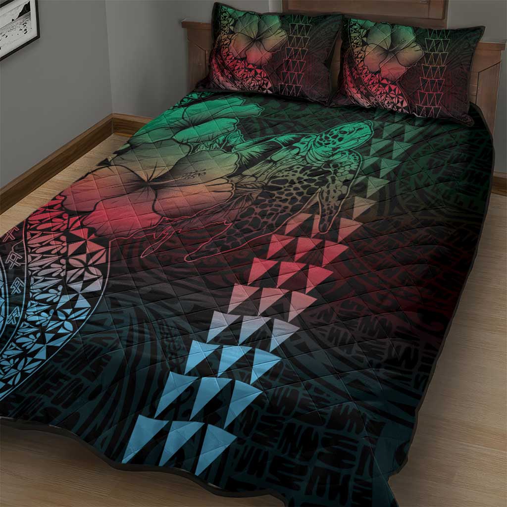 Hawaiian Sea Turtle Quilt Bed Set Green Hibiscus Flowers and Kakau Pattern LT9 - Polynesian Pride