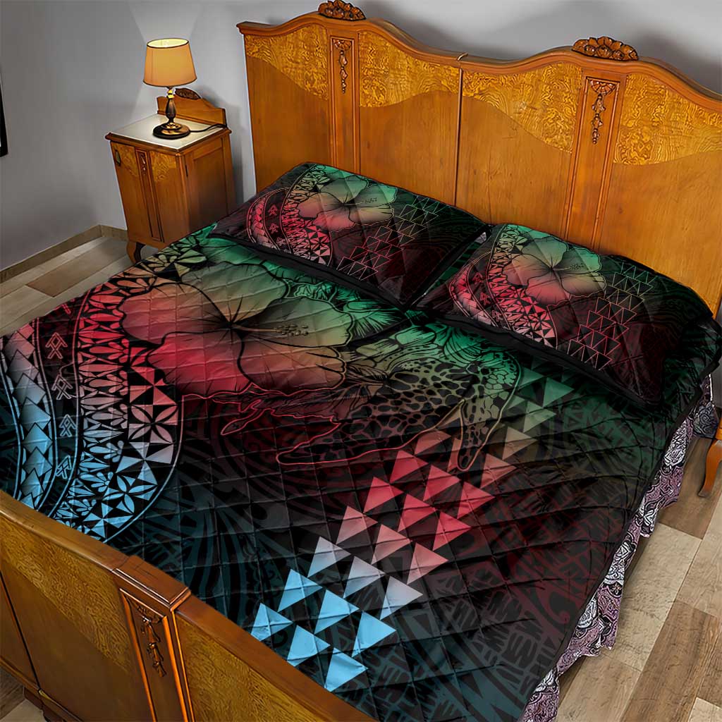 Hawaiian Sea Turtle Quilt Bed Set Green Hibiscus Flowers and Kakau Pattern LT9 - Polynesian Pride