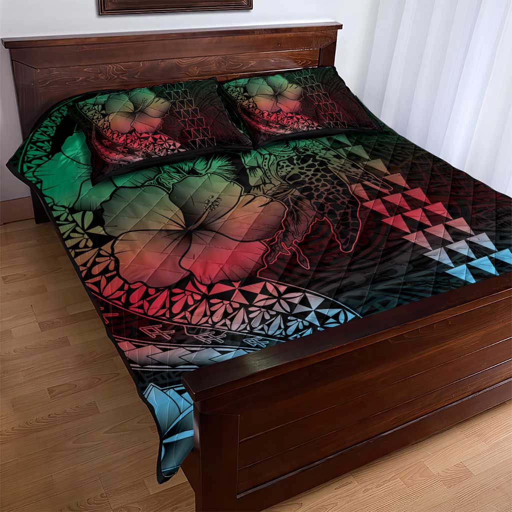 Hawaiian Sea Turtle Quilt Bed Set Green Hibiscus Flowers and Kakau Pattern LT9 - Polynesian Pride