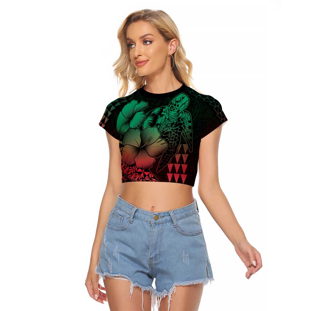 Hawaiian Sea Turtle Raglan Cropped T Shirt Green Hibiscus Flowers and Kakau Pattern LT9 Female Green - Polynesian Pride