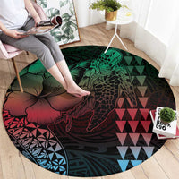 Hawaiian Sea Turtle Round Carpet Green Hibiscus Flowers and Kakau Pattern LT9 - Polynesian Pride