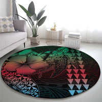 Hawaiian Sea Turtle Round Carpet Green Hibiscus Flowers and Kakau Pattern LT9 - Polynesian Pride