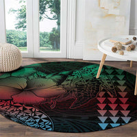 Hawaiian Sea Turtle Round Carpet Green Hibiscus Flowers and Kakau Pattern LT9 - Polynesian Pride