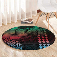 Hawaiian Sea Turtle Round Carpet Green Hibiscus Flowers and Kakau Pattern LT9 - Polynesian Pride