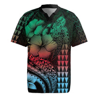 Hawaiian Sea Turtle Rugby Jersey Green Hibiscus Flowers and Kakau Pattern LT9 Green - Polynesian Pride