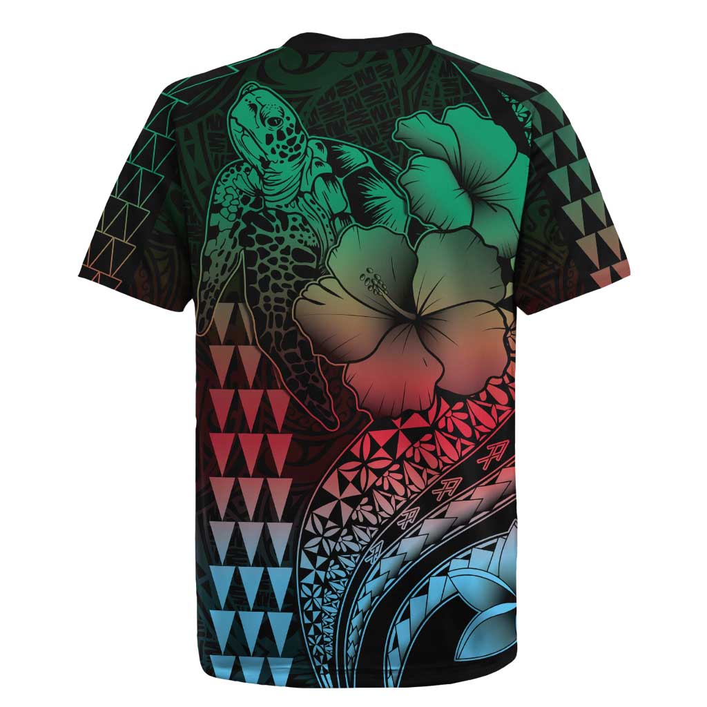 Hawaiian Sea Turtle Rugby Jersey Green Hibiscus Flowers and Kakau Pattern LT9 - Polynesian Pride