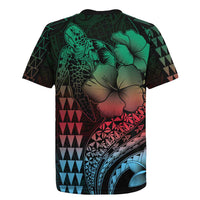 Hawaiian Sea Turtle Rugby Jersey Green Hibiscus Flowers and Kakau Pattern LT9 - Polynesian Pride