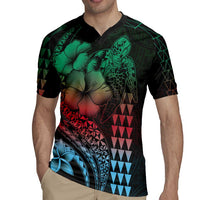 Hawaiian Sea Turtle Rugby Jersey Green Hibiscus Flowers and Kakau Pattern LT9 - Polynesian Pride