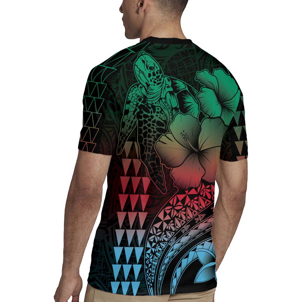 Hawaiian Sea Turtle Rugby Jersey Green Hibiscus Flowers and Kakau Pattern LT9 - Polynesian Pride