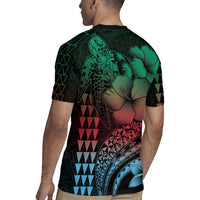 Hawaiian Sea Turtle Rugby Jersey Green Hibiscus Flowers and Kakau Pattern LT9 - Polynesian Pride