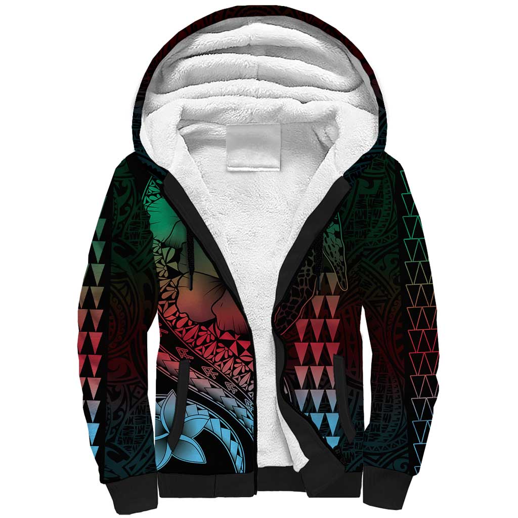 Hawaiian Sea Turtle Sherpa Hoodie Green Hibiscus Flowers and Kakau Pattern LT9 Unisex Green - Polynesian Pride