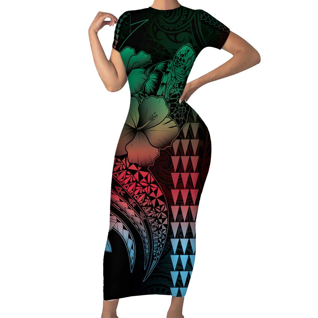 Hawaiian Sea Turtle Short Sleeve Bodycon Dress Green Hibiscus Flowers and Kakau Pattern LT9 Long Dress Green - Polynesian Pride