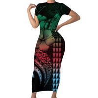 Hawaiian Sea Turtle Short Sleeve Bodycon Dress Green Hibiscus Flowers and Kakau Pattern LT9 Long Dress Green - Polynesian Pride