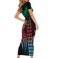 Hawaiian Sea Turtle Short Sleeve Bodycon Dress Green Hibiscus Flowers and Kakau Pattern LT9 - Polynesian Pride