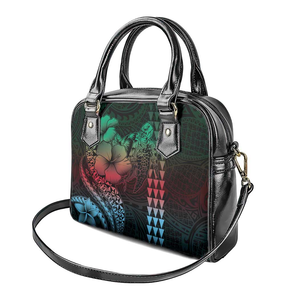 Hawaiian Sea Turtle Shoulder Handbag Green Hibiscus Flowers and Kakau Pattern LT9 - Polynesian Pride