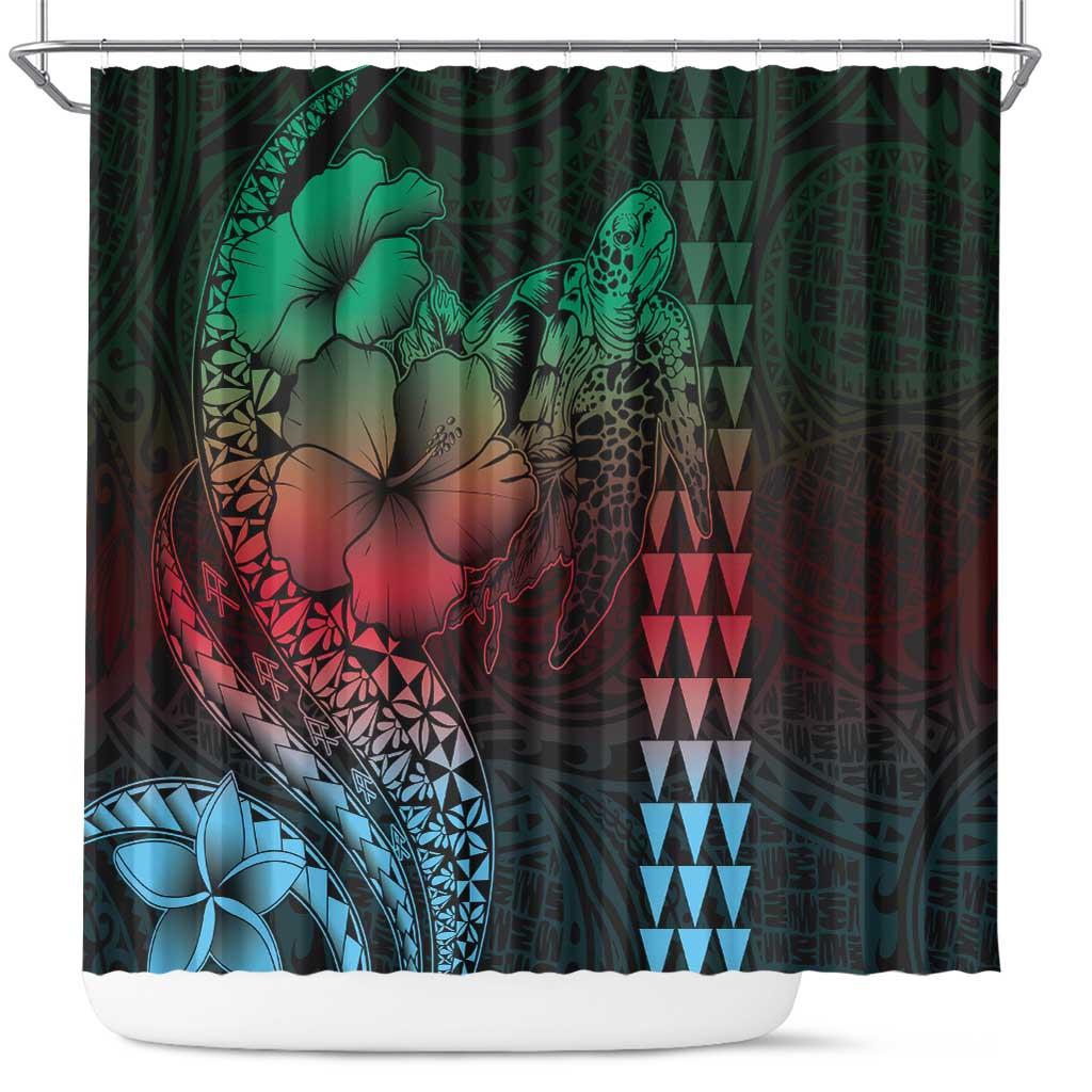 Hawaiian Sea Turtle Shower Curtain Green Hibiscus Flowers and Kakau Pattern LT9 Green - Polynesian Pride