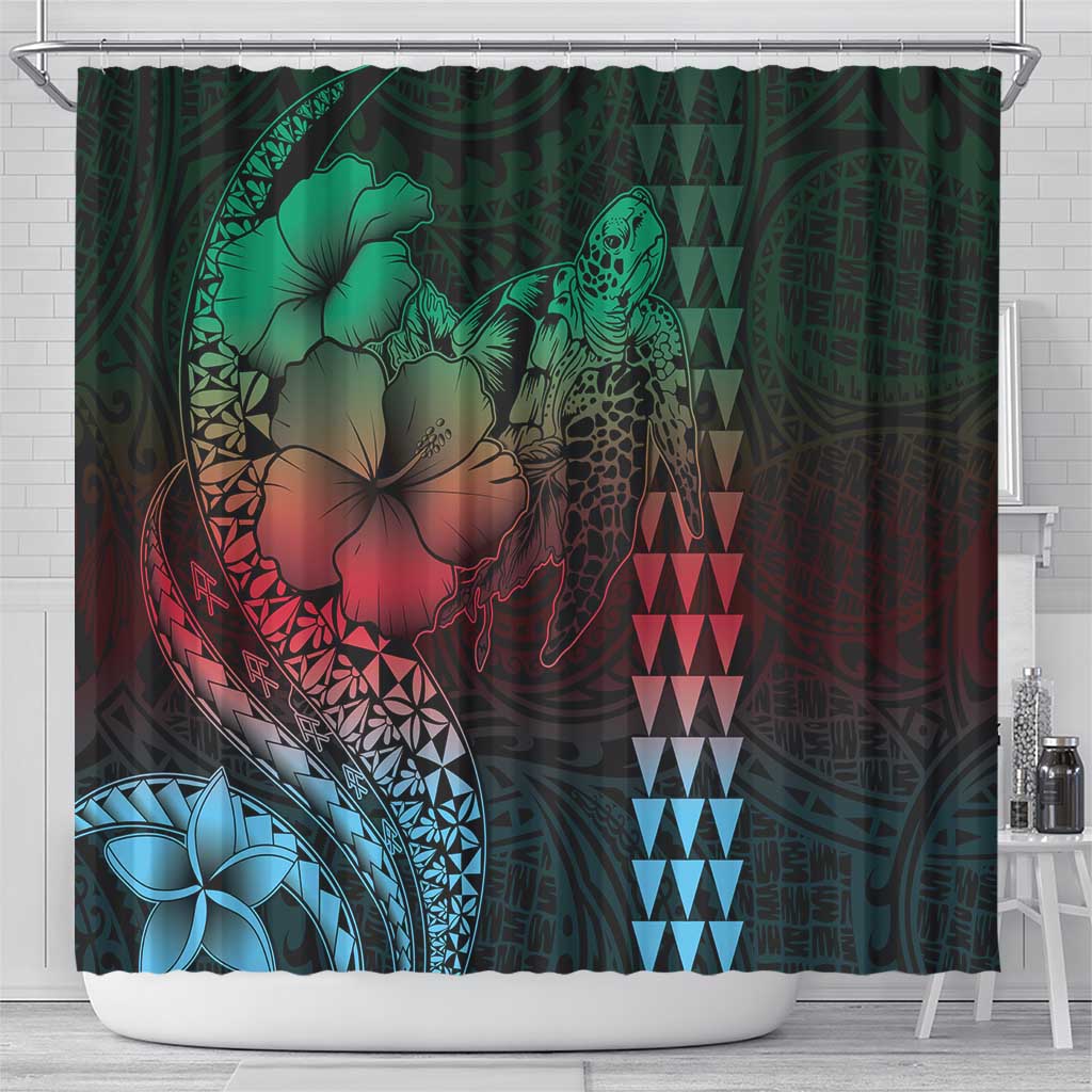 Hawaiian Sea Turtle Shower Curtain Green Hibiscus Flowers and Kakau Pattern LT9 - Polynesian Pride