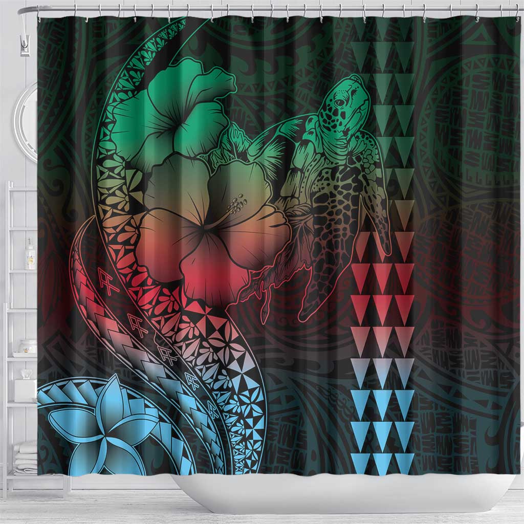 Hawaiian Sea Turtle Shower Curtain Green Hibiscus Flowers and Kakau Pattern LT9 - Polynesian Pride