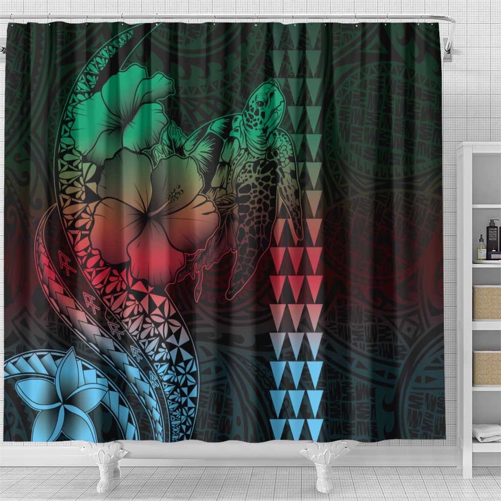 Hawaiian Sea Turtle Shower Curtain Green Hibiscus Flowers and Kakau Pattern LT9 - Polynesian Pride