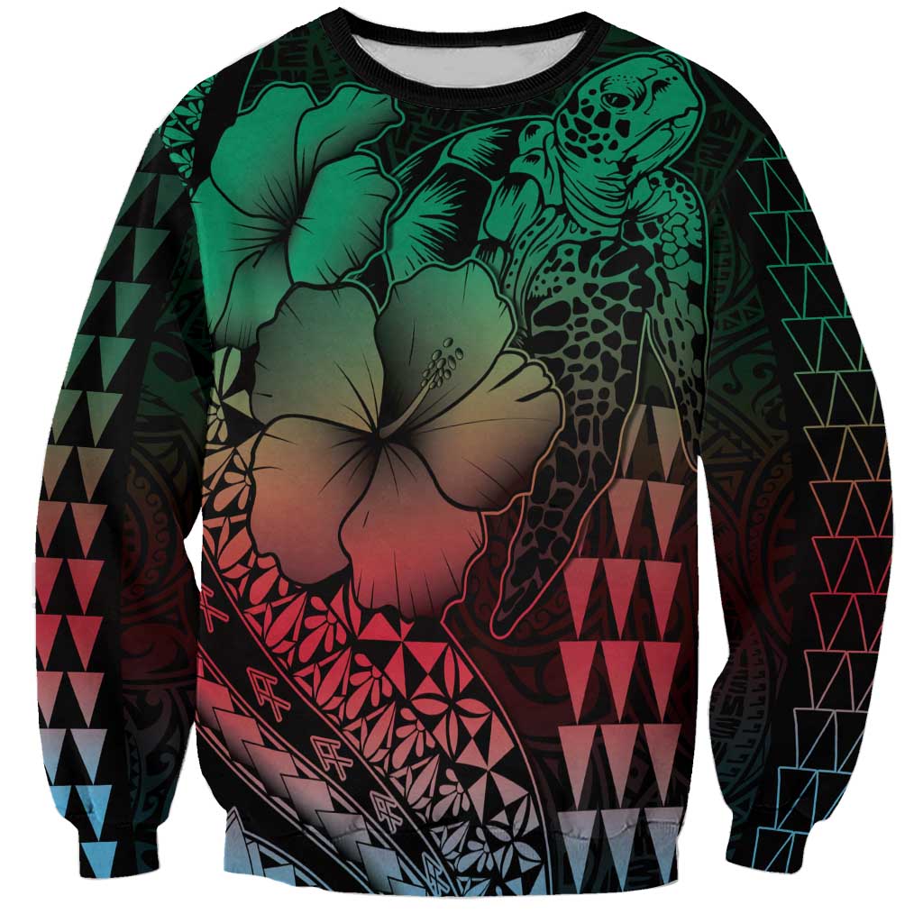 Hawaiian Sea Turtle Sweatshirt Green Hibiscus Flowers and Kakau Pattern LT9 Unisex Green - Polynesian Pride