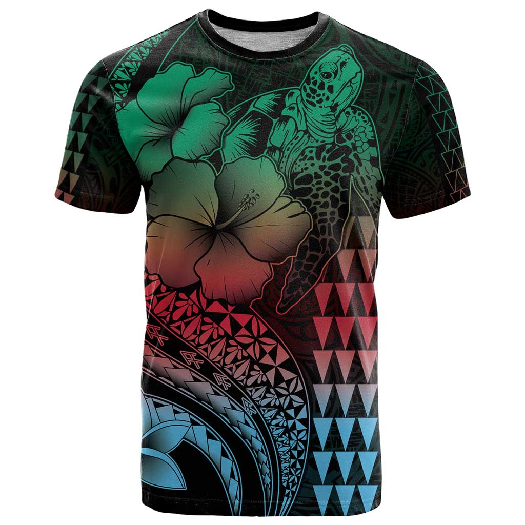 Hawaiian Sea Turtle T Shirt Green Hibiscus Flowers and Kakau Pattern LT9 Green - Polynesian Pride