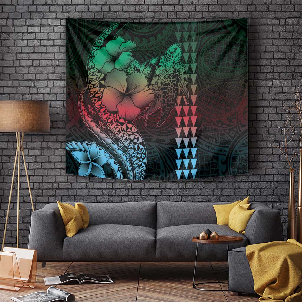 Hawaiian Sea Turtle Tapestry Green Hibiscus Flowers and Kakau Pattern LT9 - Polynesian Pride