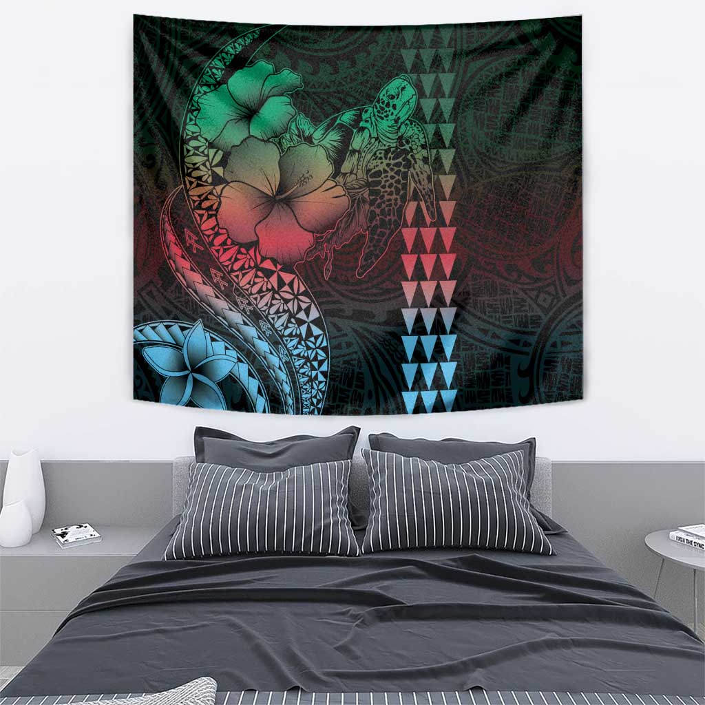 Hawaiian Sea Turtle Tapestry Green Hibiscus Flowers and Kakau Pattern LT9 - Polynesian Pride