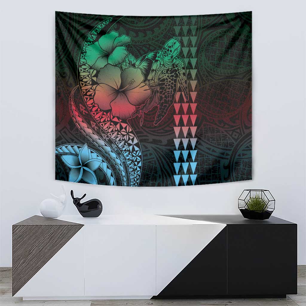 Hawaiian Sea Turtle Tapestry Green Hibiscus Flowers and Kakau Pattern LT9 - Polynesian Pride
