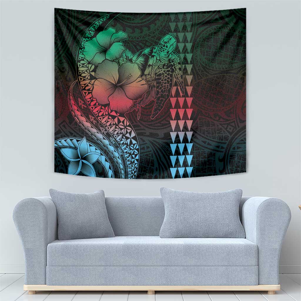 Hawaiian Sea Turtle Tapestry Green Hibiscus Flowers and Kakau Pattern LT9 - Polynesian Pride