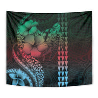 Hawaiian Sea Turtle Tapestry Green Hibiscus Flowers and Kakau Pattern LT9 - Polynesian Pride