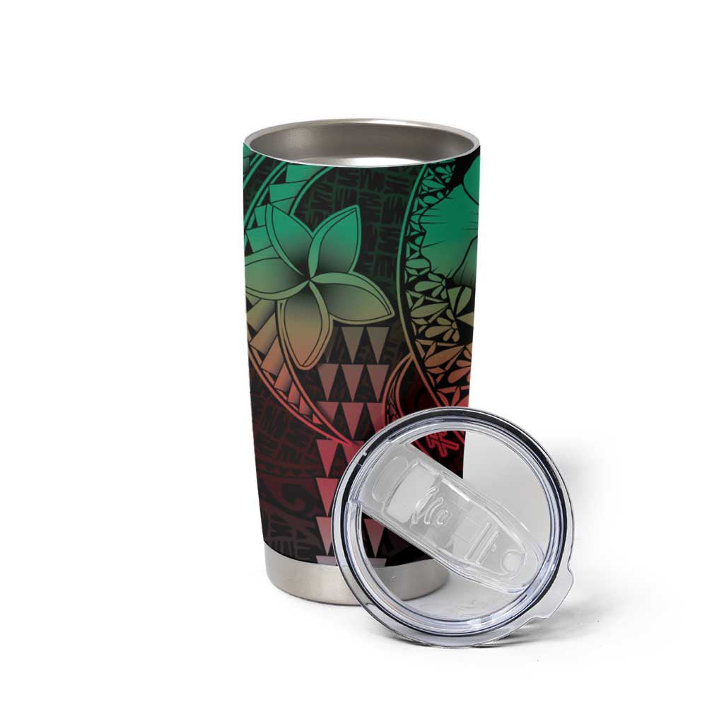 Hawaiian Sea Turtle Tumbler Cup Green Hibiscus Flowers and Kakau Pattern LT9 - Polynesian Pride