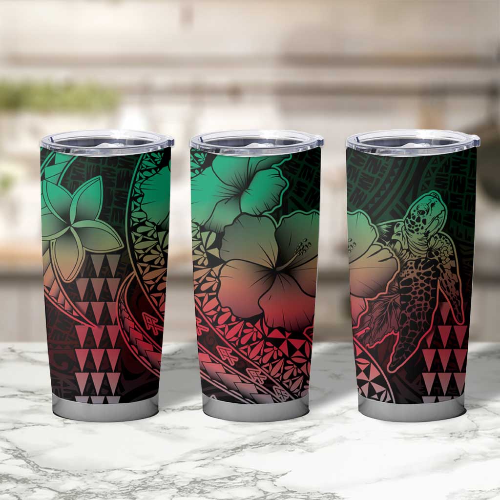 Hawaiian Sea Turtle Tumbler Cup Green Hibiscus Flowers and Kakau Pattern LT9 - Polynesian Pride