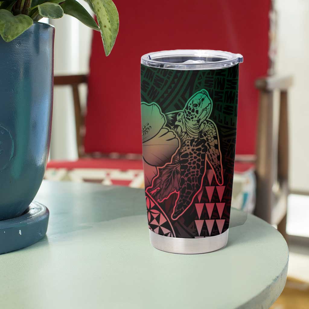 Hawaiian Sea Turtle Tumbler Cup Green Hibiscus Flowers and Kakau Pattern LT9 - Polynesian Pride