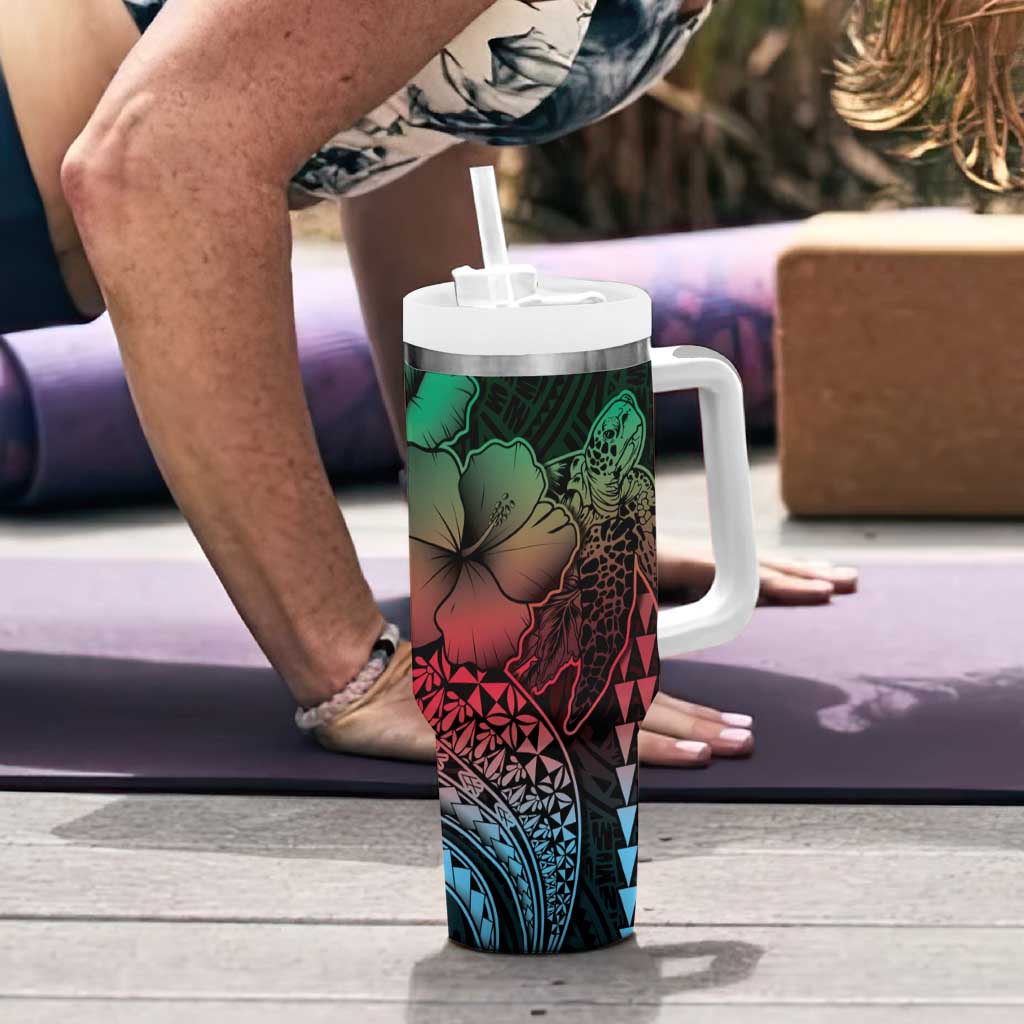 Hawaiian Sea Turtle Tumbler With Handle Green Hibiscus Flowers and Kakau Pattern LT9 - Polynesian Pride