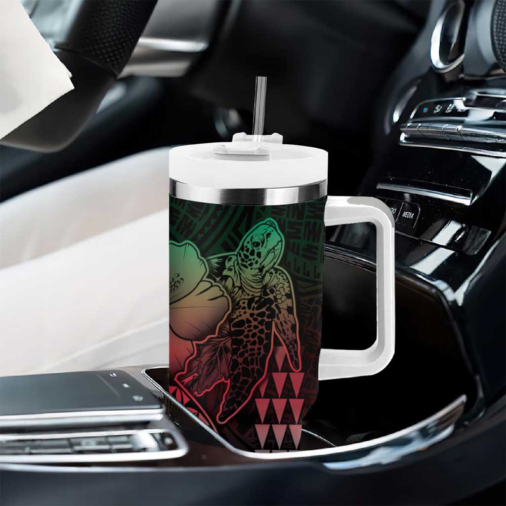 Hawaiian Sea Turtle Tumbler With Handle Green Hibiscus Flowers and Kakau Pattern LT9 - Polynesian Pride