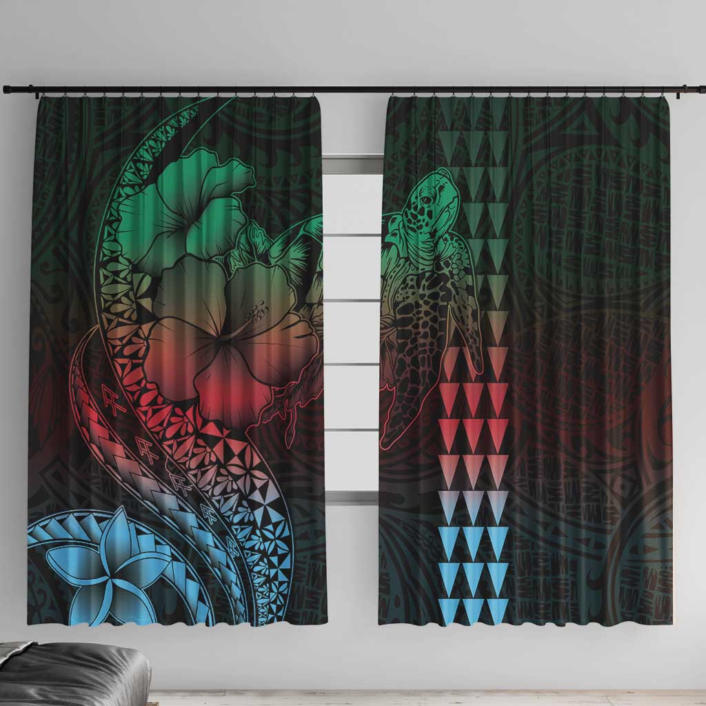 Hawaiian Sea Turtle Window Curtain Green Hibiscus Flowers and Kakau Pattern LT9 With Hooks Green - Polynesian Pride