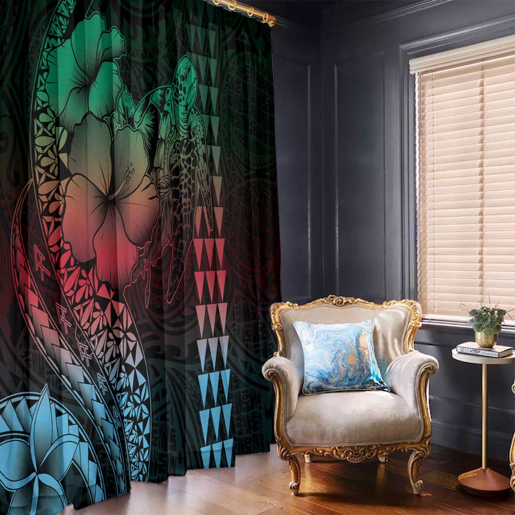 Hawaiian Sea Turtle Window Curtain Green Hibiscus Flowers and Kakau Pattern LT9 - Polynesian Pride