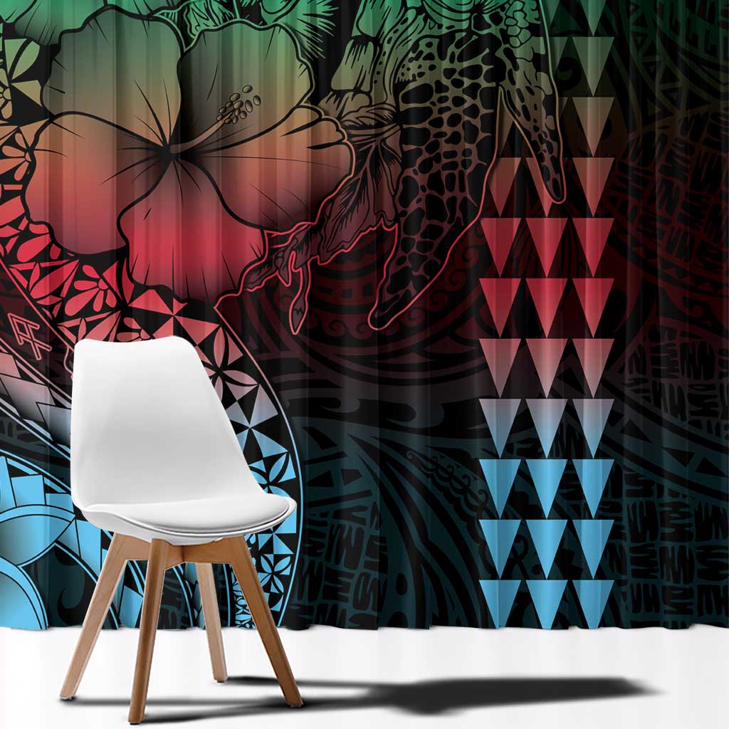 Hawaiian Sea Turtle Window Curtain Green Hibiscus Flowers and Kakau Pattern LT9 - Polynesian Pride
