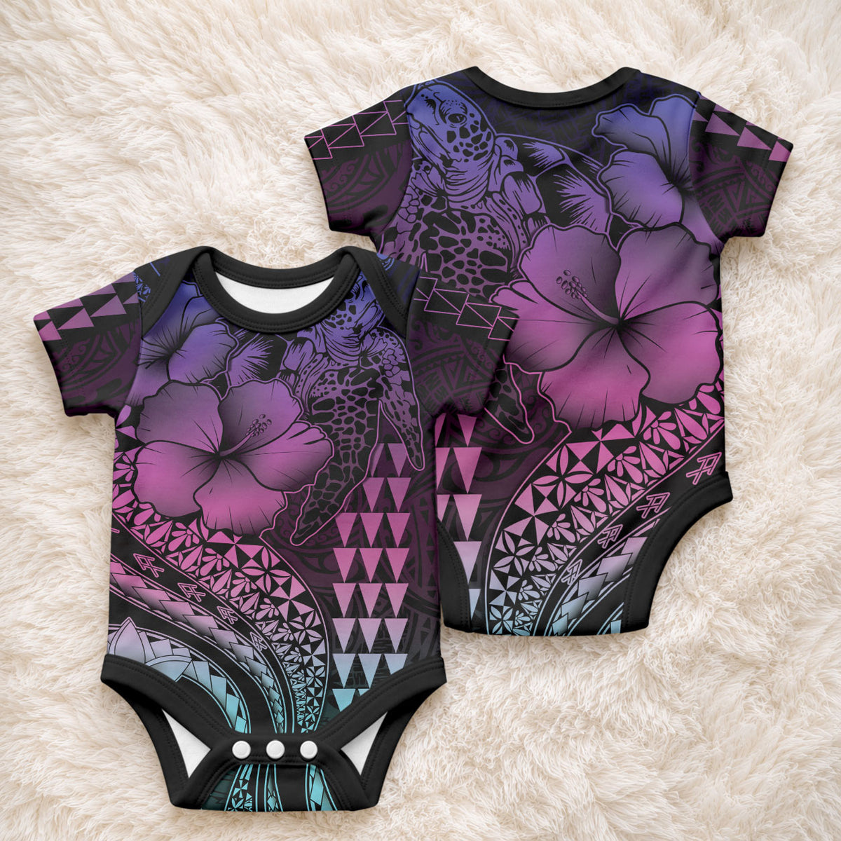 Hawaiian Sea Turtle Baby Onesie Pink Hibiscus Flowers and Kakau Pattern LT9 - Polynesian Pride