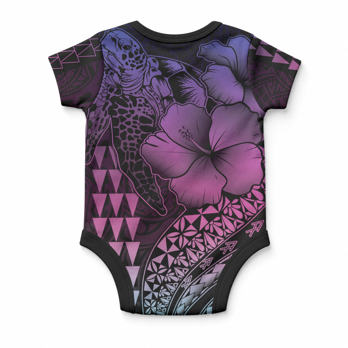 Hawaiian Sea Turtle Baby Onesie Pink Hibiscus Flowers and Kakau Pattern LT9 - Polynesian Pride