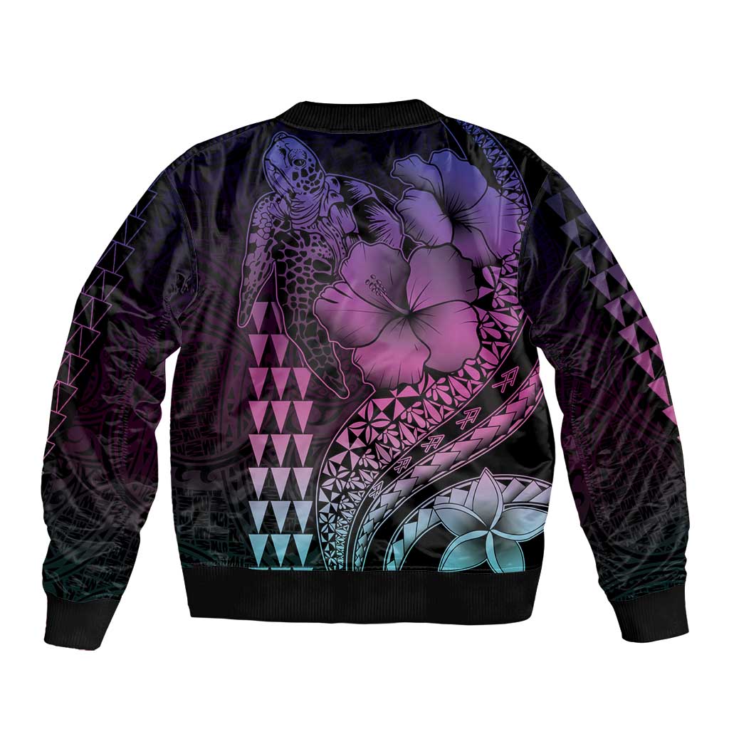 Hawaiian Sea Turtle Bomber Jacket Pink Hibiscus Flowers and Kakau Pattern LT9 - Polynesian Pride