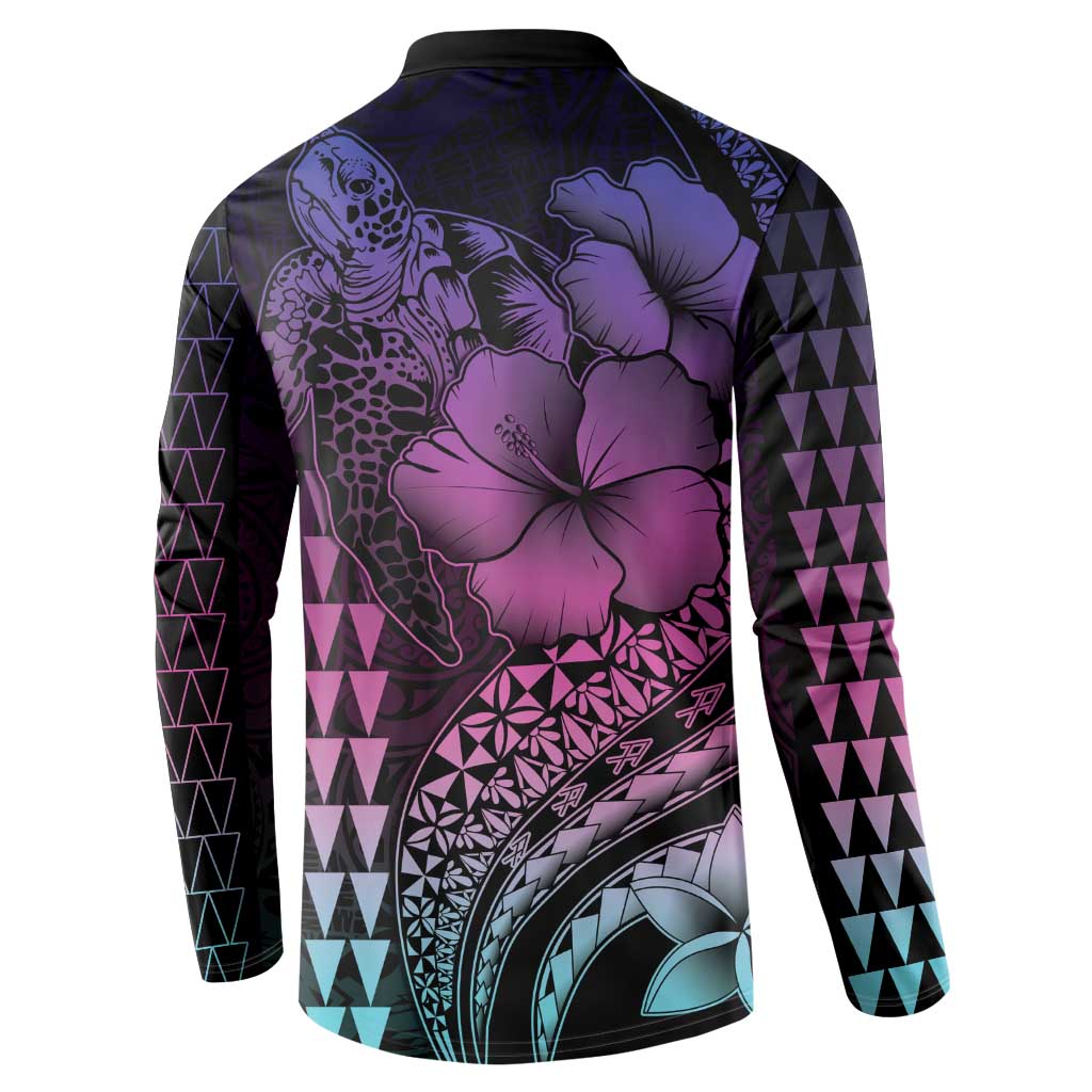 Hawaiian Sea Turtle Button Sweatshirt Pink Hibiscus Flowers and Kakau Pattern LT9 - Polynesian Pride