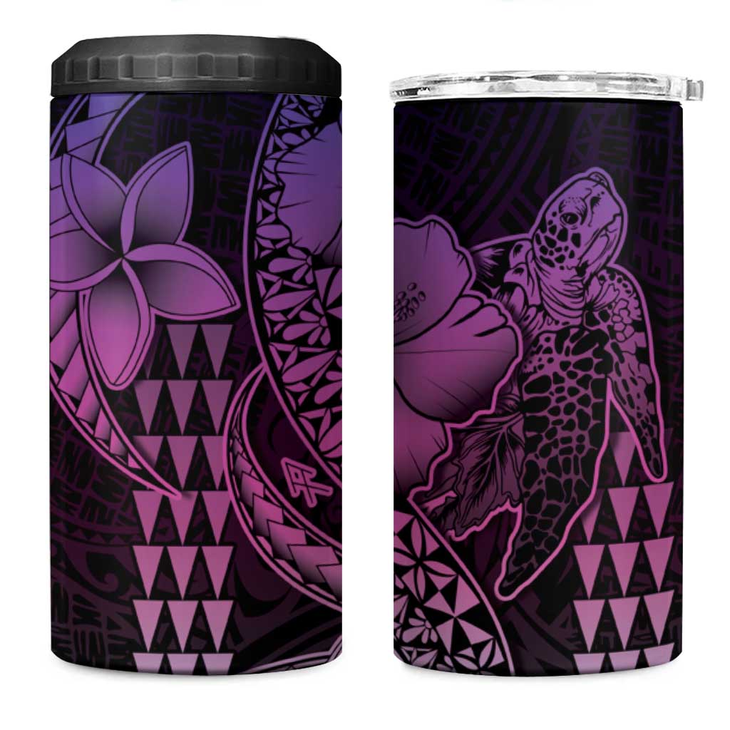 Hawaiian Sea Turtle 4 in 1 Can Cooler Tumbler Pink Hibiscus Flowers and Kakau Pattern LT9 One Size: 16 oz Pink - Polynesian Pride