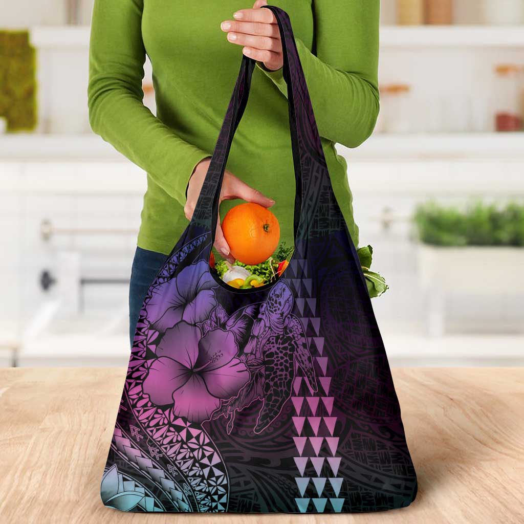 Hawaiian Sea Turtle Grocery Bag Pink Hibiscus Flowers and Kakau Pattern LT9 - Polynesian Pride